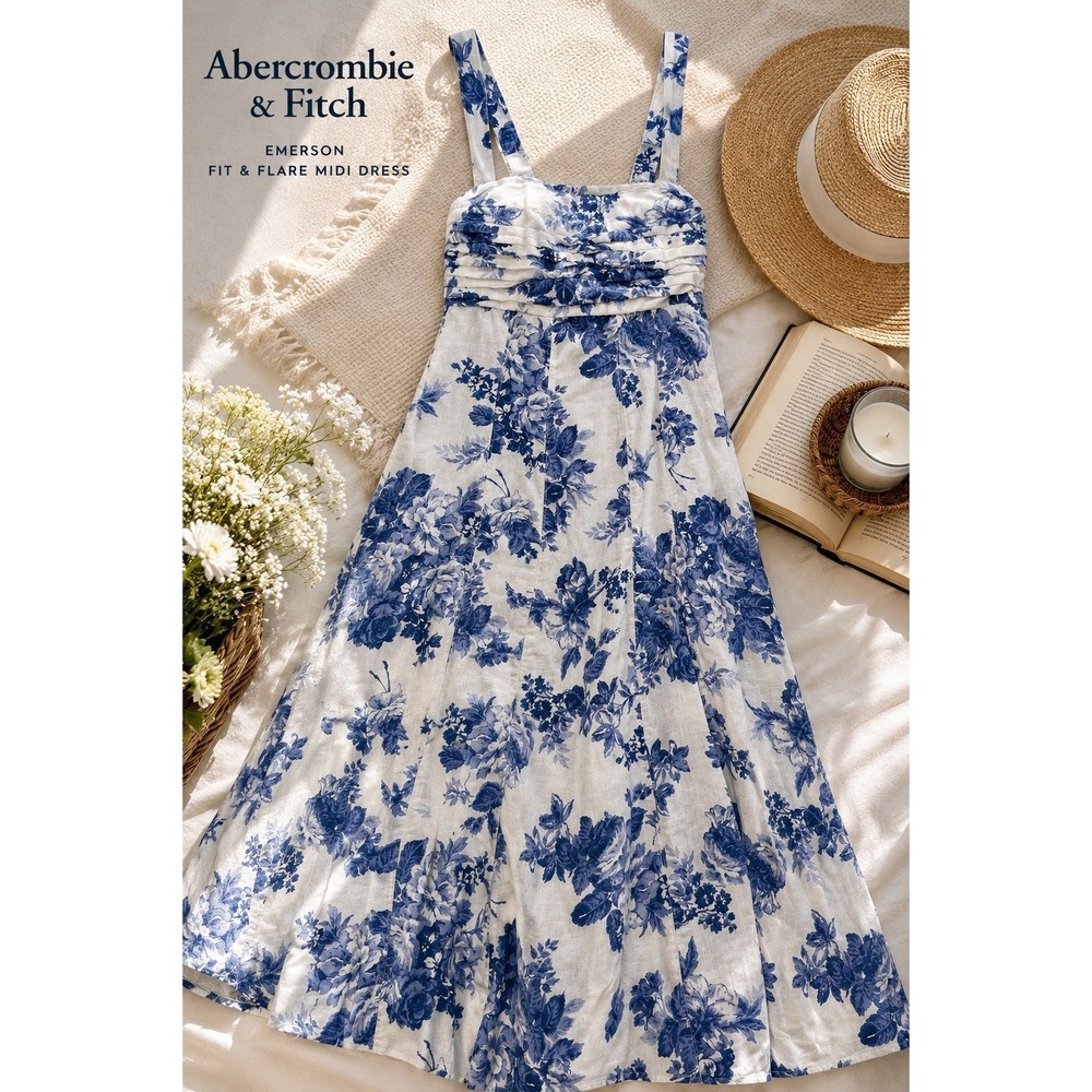 Abercrombie & Fitch Emerson Blue Floral Linen Blend Midi Dress XS Fit & Flare - Picture 13 of 13